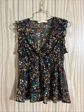 Zara Black Floral Ruffled V-Neck Blouse